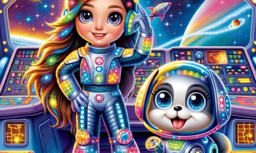 La Capitán Luna, una mujer de cabello largo y brillante como estrellas, lleva un traje espacial reluciente con luces multicolores. Tiene una mirada decidida y alegre, con los ojos brillantes de emoción, mientras se encuentra frente a la cabina de su gran nave espacial. A su lado, su fiel compañero robot, Astro, un pequeño perro robótico de ojos luminosos y pelaje plateado, parece listo para ayudarla, saltando con entusiasmo. La cabina de la nave está llena de botones coloridos y pantallas que muestran imágenes de planetas lejanos. Fuera, se despliega un paisaje espacial espectacular: estrellas brillantes, nebulosas coloridas y el misterioso planeta Arcoíris, que brilla con todos los colores del arcoíris. La situación principal muestra a la Capitán Luna preparando su nave para un audaz rescate, decidida a encontrar la nave perdida, mientras Astro, lleno de energía, la anima con pequeños ladridos alegres.