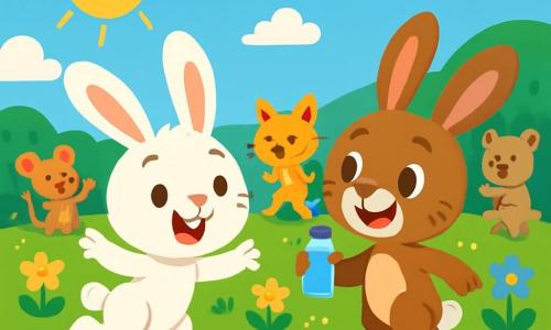 Tobia, un coniglietto bianco e morbido, è felice e vivace, saltellando in un campo verde pieno di fiori colorati. Le sue grandi orecchie sono in piedi e i suoi occhi brillano di gioia. Accanto a lui, Leo, un coniglietto marrone con macchie bianche, sorride ampiamente, gli occhi scintillanti di amicizia, tenendo una piccola bottiglia d'acqua. Il cielo è blu e punteggiato di nuvole bianche, e il sole splende calorosamente sopra di loro. Si trovano in una festa estiva, circondati da altri piccoli animali che giocano e ridono insieme, mentre una grande tovaglia a quadretti è stesa sull'erba, piena di deliziose merende. La scena emana un'atmosfera di gioia e amicizia, illustrando la felicità delle vacanze estive.