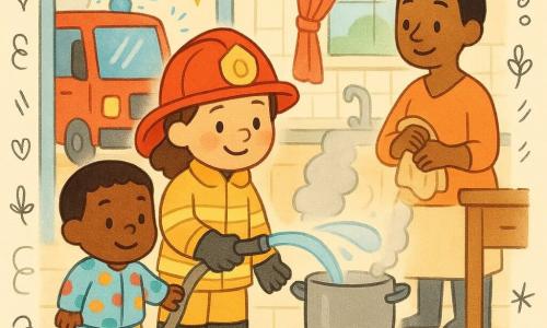 Eine lächelnde, beruhigende Feuerwehrfrau mit glänzend rotem Helm, gelber reflektierender Jacke und großen schwarzen Stiefeln hält einen kleinen Schlauch, der einen sanften Wasserstrahl auf einen rauchenden Kochtopf richtet; eine etwa 35-jährige Frau mit zusammengebundenen Haaren wischt sich erleichtert die Hände an einem Holztisch; ein ruhiger, pummelig wirkender etwa vierjähriger Junge in buntem Schlafanzug hält die Hand der Feuerwehrfrau und steht neben dem Topf; die kleine, helle Küche mit weißen Fliesen, rotem Vorhang und leichter grauer Dampfentwicklung; im Hintergrund durch Fenster oder offene Tür ein großer roter Löschwagen mit blauer Sirene und verspielten Funken- und Blasenmotiven; zentrale, kindgerechte Szene mit Bogenwasser, aufsteigendem Rauch, beruhigenden Ausdrücken, kräftigen Farben und weichen Konturen.