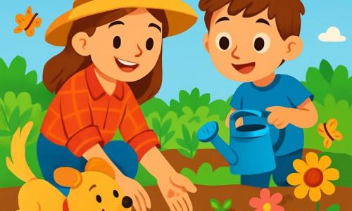 Una joven agricultora, Luna, sonriente y llena de vida, lleva una camisa de cuadros rojos y un sombrero de paja. Está agachada en su jardín, plantando semillas con manos delicadas y alegres. A su lado, un niño de 8 años, Nico, con el cabello castaño despeinado y una camiseta azul, sostiene un pequeño regadera azul, listo para regar las plantas. Trigo, un perro pastor de pelaje dorado, juega alegremente a su alrededor, moviendo la cola con entusiasmo. El jardín es vibrante, lleno de hileras de verduras verdes, flores coloridas y un cielo azul claro salpicado de nubes blancas esponjosas. La tierra es rica y marrón, y mariposas danzan alrededor de las flores. En esta escena, Luna y Nico trabajan juntos, plantando semillas y regando los brotes jóvenes, rodeados por la belleza de la naturaleza, compartiendo un momento de complicidad y alegría.