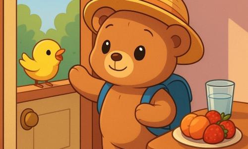 Um pequeno urso de pelúcia castanho-claro de pelos macios, olhos brilhantes e sorriso tímido, com mochila azul e chapéu de palha amarelado, está junto à porta olhando para fora; um passarinho amarelo vivo pousa na janela à esquerda convidando-o; à direita, sobre a mesa da cozinha, um prato com pêssegos e morangos e um copo de água; o quarto é acolhedor e luminoso, com tapete bege onde o sol forma um círculo dourado, paredes em tons pastéis e cortina de flores entreaberta mostrando folhas verdes e céu azul; a cena sugere o urso pronto para as férias de verão, hesitante mas atraído pelo sol e pelo pássaro, calma e convidativa.