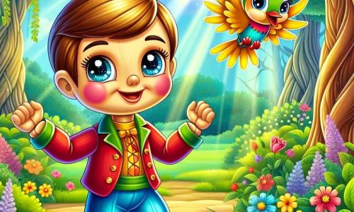 Pinocchio, un băiețel din lemn cu o cap rotund și ochi strălucitori, se află în centrul scenei, zâmbind, radiind de bucurie și entuziasm. Corpul său din lemn este vopsit în culori vii, iar el poartă o cămașă roșie și o pereche de pantaloni albaștri. Își ridică brațele în aer, ca și cum ar sărbători o mare descoperire. Lângă el, Lili, o vrăbiuță cu pene galbene strălucitoare și ochi jucăuși, zboară vesel în jurul lui, cântând și dansând în aer. În fundal, se vede o grădină fermecată, plină de flori multicolore care dansează în vânt. Copaci măreți cu trunchiuri late și frunze verzi înconjoară grădina, iar razele soarelui filtrează printre crengi, creând o atmosferă caldă și primitoare. Pinocchio și Lili celebrează prietenia lor și determinarea de a deveni oameni mai buni, împărtășind un moment de fericire, ilustrând importanța sincerității și generozității.