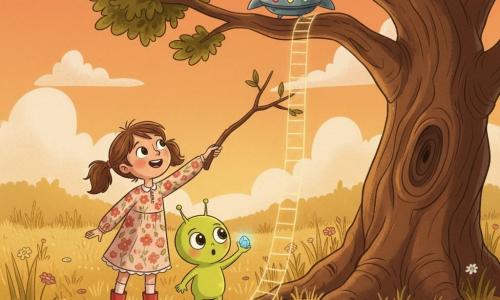 Menina de 6 anos, alegre e corajosa, cabelos castanhos em maria-chiquinhas, botas vermelhas e vestido florido, estende um galho longo para uma bola-foguete prateada entre os ramos olhando para cima; pequeno extraterrestre Luno, corpo redondo verde-limão, olhos grandes e brilhantes, expressão maravilhada, segura uma pedrinha azul luminosa e faz aparecer uma escada de luz dourada até a nave, ficando na ponta dos pés junto à menina; a nave, redonda e metálica, pequena, com luzes multicoloridas piscando, está presa nos galhos de um carvalho retorcido no centro; campo ao pôr do sol com altas gramíneas douradas e flores silvestres rosa e brancas sob um céu alaranjado e calmo; situação: a menina e Luno cooperam para salvar a pequena nave, a escada de luz desce e a nave começa a escorregar para a terra enquanto a menina sorri.