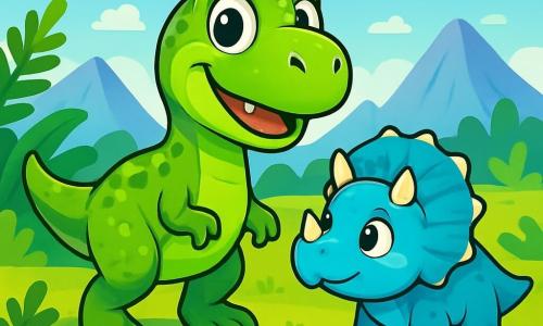 Młody Tyrannosaurus Rex, nazwany Tobi, stoi w centrum obrazu, z jaskrawozieloną skórą i błyszczącymi łuskami, które lśnią w słońcu. Jego duże, okrągłe oczy wyrażają iskrzącą ciekawość, a lekki uśmiech na twarzy pokazuje entuzjazm. Obok niego jego przyjaciel Leo, mały Triceratops z delikatnymi rogami i niebieskawą skórą, patrzy na Tobiego z podziwem, gotowy towarzyszyć mu w przygodzie. Scena rozgrywa się na rozległej, zielonej równinie, usianej dużymi paprociami i kolorowymi kwiatami, z majestatycznymi górami w tle, gdzie niebo jest jasnoniebieskie, a kilka białych chmur delikatnie unosi się. Tobi i Leo przygotowują się do wyruszenia na poszukiwanie legendarnego uzdrowiciela, ich serca biją z ekscytacji, gdy razem ruszają w nieznane, gotowi na wielką przygodę.