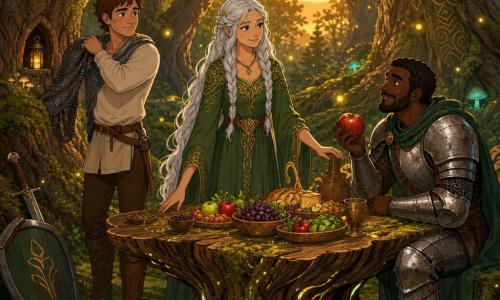 A serene, warm woman named Elara smiles softly; she has long braided silver hair, a flowing moss-green dress with golden embroidery, and rests her hand on a wooden table rooted in the ground. A weary but awed knight of about 35 in slightly dented armor sits to Elara’s right holding a juicy apple. Another knight of about 28 with short brown hair removes his chainmail and rests his boots, standing to Elara’s left near a tree trunk. The setting is an ancient grove with gigantic gnarled rune-carved trunks, thick moss, glowing mushrooms, floating firefly garlands, and a golden twilight sky filtering through the leaves. The main scene shows Elara preparing a magical feast on a long living wooden table while the knights lay down their weapons and share a meal, in warm orange-green tones with visible fairy-like details.