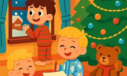 There are 3 characters: Max, a 6-year-old boy with messy brown hair, wearing a red pajama with green stripes, standing by the window with bright eyes, watching the snow fall. Leo, a 5-year-old boy with blond hair and rosy cheeks, is sitting on the rug, holding a pencil and a large sheet of paper, ready to draw. Teddy, a brown teddy bear wearing a red scarf, is sitting on a small chair next to Leo, smiling as if waiting for his turn to draw. The setting is the cozy living room of a small red house, decorated for Christmas, filled with twinkling lights and a large Christmas tree adorned with colorful ornaments and golden garlands. Snowflakes gently fall outside, creating a magical landscape through the window. The main scene shows Max and Leo drawing a plan for Christmas dinner, surrounded by colorful cards and crayons, laughing joyfully while Teddy watches them with a knowing look, adding a touch of magic to this festive moment.
