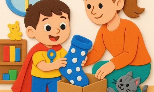 Um menino de 4 anos, rosto redondo, cabelo castanho curto, olhos grandes e curiosos e sorriso maravilhado segura uma grande meia azul com poás brancos contra o peito; vestido com uma capa vermelha e uma lupa de brinquedo ao pescoço, está alegre e concentrado enquanto a mãe (cerca de 30 anos, cabelo castanho-claro preso em rabo de cavalo), sorrindo e atenciosa, agacha ao lado e empurra suavemente uma pequena caixa de papelão para liberar a meia; o gato tigrado cinza Mimi brinca com a meia junto à caixa, pata levantada; a cena passa num canto do quarto infantil com chão de madeira clara, tapete colorido com estrelas, prateleira baixa com livros e brinquedos e luz suave de uma janela redonda; momento principal: descoberta alegre da meia escondida entre a caixa e a parede, com mãe ajudando e gato curioso participando; estilo gráfico simples, formas arredondadas, cores vivas, contornos nítidos e composição clara para uma criança de 4 anos.
