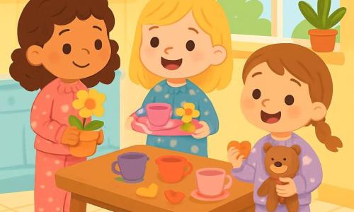 There are three characters: Mia, a 6-year-old girl with brown curly hair, wearing a pink polka dot pajama, standing on the left holding a small pot of yellow flowers; Zoe, a 5-year-old girl with straight blonde hair, dressed in a blue star pajama, smiling in the center while holding a small pink tray with a plastic tea cup; and Lily, a 4-year-old girl with chestnut hair and a small braid, wearing a purple pajama with unicorns, on the right holding a small teddy bear and a heart-shaped cookie. The scene takes place in a bright kitchen with yellow walls and windows letting in sunlight. A wooden table in the center is decorated with flowers and toys. Sunlight illuminates the tiled floor, creating a warm and cheerful atmosphere. The main situation shows the three girls gathered around the table, preparing a small snack for their mom. They are laughing and having fun, surrounded by colorful cups, heart-shaped cookies, and a lovely yellow flower on the tray. The atmosphere is filled with joy and love, celebrating Mother's Day.