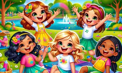 Quatro meninas alegres, Sofia (10 anos, cabelos castanhos e cacheados, vestindo um vestido amarelo), Ana (9 anos, cabelos loiros e lisos, usando uma camiseta rosa), Clara (10 anos, cabelos castanhos e ondulados, vestida com uma saia azul) e Luísa (9 anos, cabelos negros e trançados, usando um short verde), estão sentadas em uma grande toalha colorida em um parque ensolarado. O parque está repleto de flores vibrantes, árvores majestosas com folhas verdes brilhantes e um céu azul com nuvens brancas fofas. Ao longe, pode-se ver um pequeno lago brilhando ao sol. As meninas riem e se divertem, lançando pós coloridos ao ar para celebrar seu festival de cores, criando uma explosão de tons vibrantes ao redor delas. Sorrisos radiantes iluminam seus rostos enquanto se preparam para compartilhar um delicioso piquenique de verão.