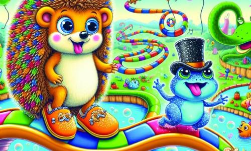 Um porco-espinho chamado Altino, com espinhos suaves e coloridos, usa pantufas laranja e exibe uma expressão de surpresa e empolgação, deslizando graciosamente por uma passarela em forma de cobra. Ao seu lado, um pequeno sapo azul coberto de purpurina, usando uma cartola, salta alegremente enquanto ri, com os olhos brilhando de travessura. Ao fundo, o Parque dos Pés Tropeçantes está cheio de caminhos sinuosos, balanços em forma de frutas gigantes e coelhos dançantes, enquanto balões coloridos flutuam em um céu azul radiante. A cena retrata Altino e Ringo atravessando uma piscina de peixes cantores, onde bolhas de sabão estouram ao redor deles, criando uma atmosfera alegre e absurda.