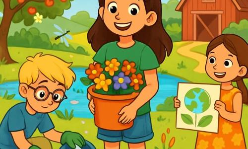 Există 3 personaje: - Andreea: o fată de 10 ani, cu păr lung brun și ochi strălucitori. Poartă un tricou verde și o pereche de pantaloni scurți din denim, ținând un găleată din plastic plină cu flori colorate. Se află în centrul imaginii, zâmbitoare, înconjurată de prietenii ei. - Radu: un băiat de 11 ani, cu păr blond ciufulit și ochelari. Poartă un tricou albastru și o pereche de pantaloni bej. Este așezat în stânga, adunând deșeuri cu mănuși de grădinărit. - Ioana: o fată de 9 ani, cu păr castaniu și o mică împletitură. Poartă o rochie cu flori și sandale. Se află în dreapta, ținând un panou colorat pe care scrie „Protejăm natura!” și îi privește pe prietenii ei cu entuziasm. Locul se desfășoară într-o fermă însorită, înconjurată de câmpuri verzi și meri înfloriți. Un mic iaz strălucește la soare, cu nuferi plutind și libelule zburând în jur. În fundal, o veche grajd roșu se ridică măreț, adăugând farmec scenei. Situația principală arată copiii curățând ferma, adunând deșeuri și plantând flori. Ei râd și se încurajează reciproc, creând o atmosferă veselă și angajantă, având grijă de mediu.