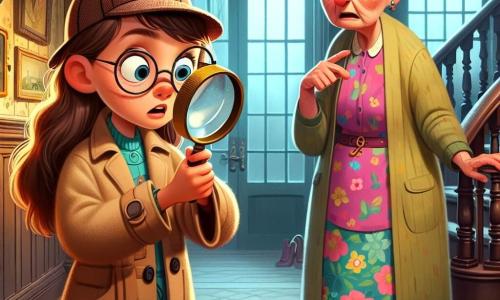Noor, een tienjarig meisje met lange bruine haren en ronde bril, kijkt aandachtig door haar vergrootglas, haar gezicht getuigt van concentratie en opwinding. Ze draagt een detectivehoed van vilt en een beige trenchcoat, wat haar een professionele uitstraling geeft. Mevrouw Jansen, een vrouw van ongeveer zeventig jaar, staat naast haar met haar handen op haar heupen en een bezorgde uitdrukking op haar rimpelige gezicht. Ze heeft grijs haar in een knot en draagt een kleurrijke bloemenjurk. De scène speelt zich af in de entree van een oud landhuis, met donkere houten muren, een grote wenteltrap en oude schilderijen aan de muur. Zacht licht valt door een stoffig raam en creëert een mysterieuze sfeer. Noor onderzoekt een veer die ze op de grond heeft gevonden, terwijl Mevrouw Jansen met haar vinger naar een modderig pootafdruk op het tapijt wijst, beiden gefascineerd door het mysterie van de verdwenen voorwerpen.