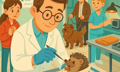 Un veterinario tranquilo y concentrado de unos cuarenta años, pelo castaño corto y gafas redondas, con bata blanca y guantes azules, sostiene un erizo envuelto en una toalla beige y usa una pinza para sacar un hilo brillante de su boca; detrás de una línea azul observa emocionada Lara, una niña de unos 12 años con coleta castaña, chaqueta roja y vaqueros; al fondo, el abuelo de unos 70 años con chaqueta marrón sujeta la correa de Rocky, un gran perro marrón y peludo que mueve la cola; una asistente de unos 25 años, rubia con moño, prepara un monitor y una lámpara térmica; la clínica es luminosa y ordenada, paredes mint, suelo claro, estanterías con utensilios y una pequeña ventana; la escena principal es el acto delicado y compasivo del veterinario, ambiente sereno, colores cálidos y estilo vectorial infantil.