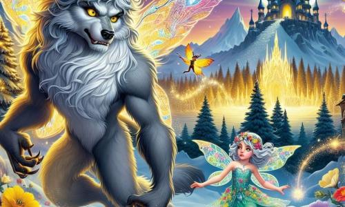 En primer plano, un majestuoso hombre lobo llamado Lupo se mantiene orgulloso y valiente. Su pelaje es de un brillante color plata, resplandeciendo bajo la luz de la luna, con ojos amarillos penetrantes que expresan determinación. Está en posición de defensa, con las patas delanteras ligeramente flexionadas, listo para proteger el santuario mágico. A su lado, una pequeña hada llamada Lila, de aproximadamente 8 años, vuela con gracia. Tiene alas translúcidas que brillan como diamantes y lleva un vestido hecho de pétalos de flores coloridas. Levanta una mano para lanzar polvo de hada, iluminando el aire a su alrededor. En el fondo, el santuario mágico se alza en la cima de una montaña nevada, rodeado de grandes árboles de troncos dorados y flores multicolores que parecen bailar al compás del viento. La luna brilla intensamente en el cielo estrellado, proyectando una luz suave sobre la escena. La situación principal muestra a Lupo defendiendo el santuario contra sombras amenazantes que se acercan, mientras que Lila utiliza su magia para repelerlas. La atmósfera es tensa y mágica, llena de colores vivos y una luz deslumbrante.