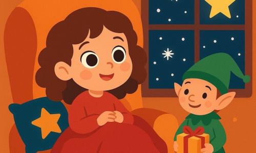 Una niña de 4 años, Nela, con grandes ojos brillantes y cabello castaño rizado, está sentada en un gran sillón mullido, envuelta en una manta roja. Tiene una sonrisa cálida y mira con asombro una estrella brillante a través de la ventana. A su lado, un elfo alegre, con un gorro verde y orejas puntiagudas, sostiene un pequeño paquete dorado y descansa en el borde del sillón. La habitación está decorada con guirnaldas luminosas y cojines estrellados, con una suave luz dorada que ilumina el interior. Una ventana muestra la nieve cayendo suavemente afuera, creando un ambiente mágico y festivo. La escena captura un momento de confort y magia navideña, con colores vivos y detalles encantadores.