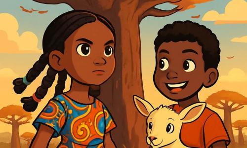 Amina, una niña de once años, se encuentra frente a un majestuoso baobab con ramas extendidas, su rostro iluminado por una determinación vibrante. Sus ojos brillantes y profundos, rodeados de cabello negro trenzado con cintas coloridas, expresan tanto valentía como curiosidad. Lleva un vestido de tela africana con patrones llamativos que danza con el viento. A su lado está Kofi, su mejor amigo, un niño de doce años con cabello rizado y una sonrisa traviesa. Sostiene una pequeña cabra, Mwezi, que observa a su alrededor con ojos curiosos. Kofi se inclina ligeramente hacia Amina, listo para animarla en su búsqueda. El escenario es una sabana africana bañada por la luz dorada del sol poniente, con hierbas altas que se mueven suavemente y un cielo salpicado de nubes rosas y naranjas. En el fondo, otros baobabs se alzan como testigos silenciosos de historias antiguas. La escena captura el momento en que Amina, llena de determinación, se prepara para hablar con el baobab Guardián, cuyo tronco rugoso parece vibrar con una sabiduría ancestral. Los pájaros cantan suavemente, y la atmósfera está impregnada de una mezcla de emoción y misterio mientras se prepara para restaurar la justicia en su comunidad.