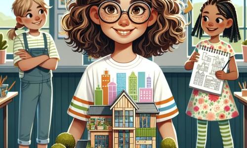 Ein 12-jähriges Mädchen, Emma, steht in der Mitte des Bildes, mit lockigem braunem Haar und runden Brillen, die ihr ein intelligentes Aussehen verleihen. Sie trägt ein buntes T-Shirt mit Gebäudemotiven und eine Jeans und zeigt ein großes, entschlossenes Lächeln. Emma präsentiert stolz ein Modell einer ökologischen Schule, das sie mit ihrem Team gebaut hat. Rechts von ihr ermutigt Mia, ihre beste Freundin mit geflochtenem blonden Haar, sie mit bewunderndem Blick. Sie trägt ein leichtes Blumenkleid und hält ein Skizzenbuch voller Ideen. Links schaut Tom, ein 12-jähriger Junge mit braunem Haar und Brille, neugierig auf das Modell, die Arme verschränkt. Der Hintergrund ist ein heller Klassenraum mit Fenstern, die Sonnenlicht hereinlassen, bunten Postern an den Wänden, die Gebäude und Naturlandschaften darstellen, und Holztischen, auf denen verschiedene Baumaterialien liegen. Die Hauptsituation zeigt Emma und ihre Freunde, die ihr Projekt einer ökologischen Schule einer Gruppe von Juroren präsentieren, mit stolzen und aufgeregten Gesichtsausdrücken, was die Bedeutung von Geschlechtergerechtigkeit und Zusammenarbeit bei der Verwirklichung ihrer Träume verdeutlicht.