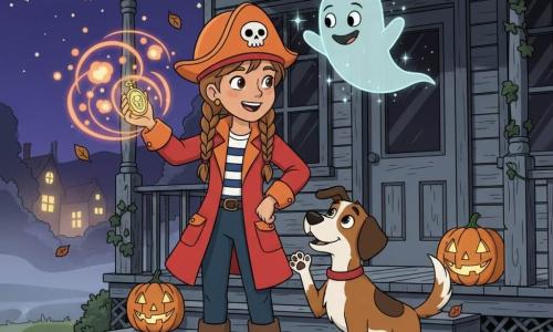 Twelve-year-old Lily, light brown hair in braids, wearing an orange pirate helmet and bright red coat, stands on the porch at night holding a sparkling golden amulet toward a small pale-blue translucent ghost with a mischievous smile floating above her right shoulder as orange and purple magic orbs swirl; her medium-sized brown-and-white dog Max, curious muzzle and paw raised, watches amazed; an old gray cracked wooden house with smoky windows, dark ivy and lit orange pumpkin lanterns forms the background amid light ground fog, swirling autumn leaves, a starry sky with a full moon and warm neighbor lights, creating a mysterious yet joyful atmosphere.