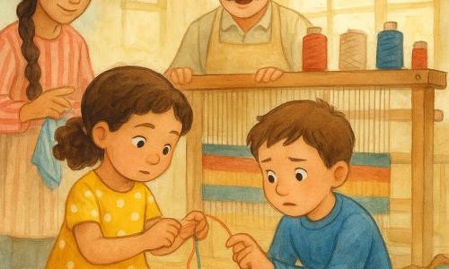 Una bimba di 6 anni, concentrata e determinata, viso rotondo, capelli castani ricci raccolti in una piccola coda, con un vestito giallo a pois bianchi, tiene delicatamente un filo colorato tra due dita e osserva un nodo di lana; accanto a lei un bambino di 6 anni, Nino, ansioso ma volonteroso, capelli castano corti, con un maglione blu, è in ginocchio e infila un dito nel nodo per aiutare a scioglierlo; dietro di loro un uomo di circa 50 anni, baffuto, con un grande grembiule di tela beige, sorride sorpreso vicino a un telaio osservando benevolo; a sinistra una donna di circa 40 anni, capelli castani in lunga treccia, con una camicetta a righe rosse, tiene un piccolo pezzetto di stoffa rigata pronta ad aiutare; l'officina è ampia e luminosa con pavimento in legno, grandi finestre che lasciano entrare una luce dorata, diversi telai in legno, rocchetti di filo rossi, blu e crema allineati e cesti di matasse sparsi, mentre la scena principale mostra i bambini che collaborano a disfarsi di un nodo in una rete di fili colorati su un grande telaio in un'atmosfera dolce e calda.
