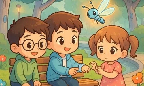 Hay 3 personajes: Hugo (niño, 9 años): pelo castaño corto, ojos risueños, chaqueta azul claro y pulsera luminosa plateada en la muñeca; sentado en un banco de madera al centro, extendiendo la pulsera hacia la niña. Samuel (niño, 9 años): pelo negro en cepillo, gafas redondas, sudadera verde pálido; de pie a la izquierda del banco, inclinado y sonriente, listo para ayudar. La niña (5 años): coletas, vestido rosa con estrellas, pasa de inquieta a confiada; a la derecha del banco sostiene la pulsera y presiona el botón. Lugar: parque central futurista con senda empedrada, grandes árboles con troncos metálicos con sensores, pequeño puente sobre un arroyo artificial plateado, bancos de madera clara, farolas delgadas de luz cálida y flores robóticas cambiantes. Situación: la niña activa la pulsera y aparece una libélula robot luminosa volando sobre el banco; luz cálida alrededor, atmósfera tranquila y reconfortante, estilo chibi kawaii, colores pastel vivos y rasgos redondeados.