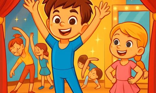 Um menino de 8 anos, Lucas, com cabelos castanhos bagunçados e olhos brilhantes de determinação, veste um collant azul vivo e sapatilhas de dança. Ele está no centro do palco, com os braços levantados, sorrindo com uma expressão de alegria e confiança. À sua direita, Sofia, uma menina de 8 anos com longos cabelos loiros trançados e um vestido de dança rosa, o incentiva com um grande sorriso, as mãos na cintura. O cenário é um teatro iluminado, com cortinas vermelhas e luzes cintilantes que iluminam o palco. Espelhos dourados refletem os movimentos das crianças que estão se aquecendo. A situação principal mostra Lucas, pronto para dançar, superando sua nervosismo, enquanto colegas de dança se alongam ao fundo, alguns o observando com curiosidade. A atmosfera é cheia de energia e camaradagem, destacando a importância da igualdade de gêneros na dança.