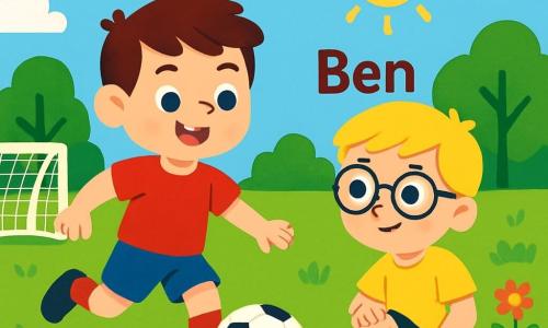 Ein fröhlicher und lächelnder Mann namens Max trägt ein rotes Fußballtrikot und eine blaue Shorts. Er hat braune Haare und strahlende Augen. Max dribbelt einen Fußball auf einem grünen Feld, seine schnellen Füße berühren kaum das Gras. Neben ihm steht sein Freund Ben, ein 8-jähriger Junge mit blonden Haaren und einer Brille, der sich nach einem Sturz aufrichtet. Er hat ein leichtes Lächeln im Gesicht, obwohl er ein aufgeschürftes Knie hat. Ben trägt ein gelbes T-Shirt und eine schwarze Shorts und steht an der Seitenlinie, bereit, das Spiel fortzusetzen. Der Ort ist ein schöner Fußballplatz, umgeben von grünen Bäumen und einem strahlend blauen Himmel. Die Sonne scheint und beleuchtet das Feld mit Wildblumen. Die Hauptsituation zeigt Max in Aktion, wie er begeistert den Ball dribbelt, während Ben, obwohl gefallen, von seinem Freund unterstützt wird. Die Atmosphäre ist fröhlich und freundlich, voller Kameradschaft und Spiel.