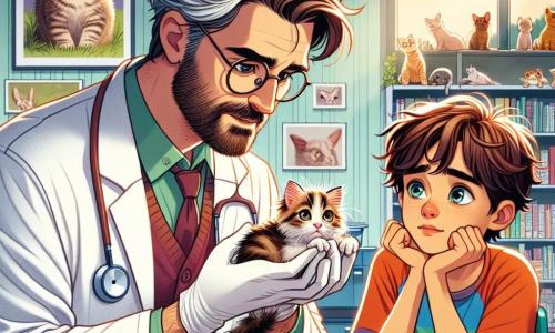 Un veterinario hombre de unos cuarenta años, con barba castaña ligeramente despeinada y gafas redondas, muestra una profunda concentración y amabilidad en su mirada. Lleva una bata blanca y guantes de látex, mientras examina atentamente un pequeño gatito de ojos brillantes, acurrucado en sus brazos. A su lado, un niño de doce años, Lucas, con cabello castaño desordenado y una camiseta colorida, observa con asombro. Está agachado, con las manos sobre las rodillas, y mira al veterinario con admiración, listo para aprender. La escena tiene lugar en una clínica veterinaria acogedora, llena de carteles de animales en las paredes, estanterías repletas de libros sobre el cuidado animal y juguetes para mascotas esparcidos por el suelo. Una ventana deja entrar la luz del sol, iluminando el rostro del veterinario y el gatito. La situación principal muestra al veterinario cuidando del gatito herido, mientras Lucas, fascinado, aprende la importancia de cuidar a los animales y ayudarles a sanar.