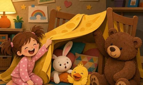 Uma menina de 4 anos, alegre e travessa, cabelos castanhos em duas couettes um pouco despenteadas, pijama rosa com bolinhas, segurando a ponta de um grande lençol amarelo e rindo com sorriso largo; um ursinho de pelúcia marrom (Tomás), grande e macio, sentado no tapete ao lado com uma pata levantada; uma coelhinha de pelúcia branca (Rita), orelhas longas com interior rosa, metade escondida sob o lençol com uma patinha à mostra e expressão surpresa e divertida; um patinho de pelúcia amarelo vivo (Zeca), pequeno e redondo, preso na entrada da tenda com bico laranja aparente; cenário: sala aconchegante com tapete grosso de padrões geométricos, duas cadeiras de madeira clara sustentando o lençol, almofadas coloridas empilhadas, luz suave e paredes com desenhos infantis; situação: construção de uma tenda improvisada com lençol meio torto e almofadas dentro, personagens amontoados e rindo, atmosfera acolhedora e luz difusa, composição em camadas com texturas visíveis.