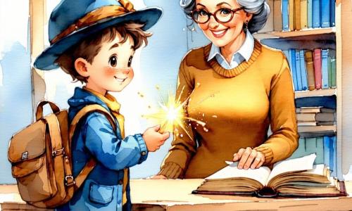 Tomás, menino de 6 anos, sorridente e orgulhoso, cabelos castanhos despenteados, jaqueta azul e chapéu de feltro azul, estende um marcador de página dourado brilhante à bibliotecária Dona Teresa, mulher de cerca de 60 anos, cabelos grisalhos presos em coque, óculos redondos e suéter mostarda, que recebe o marcador com delicadeza atrás de uma grande mesa de madeira; Miguel, menino de 7 anos, tímido, cabelos pretos curtos e camiseta verde, observa segurando lápis de cor; Sofia, menina de 8 anos, vestida com um vestido de bolinhas rosa e cabelos em coques, está sentada lendo um livrinho e sorrindo; o Sr. Rodrigo, homem de cerca de 65 anos, cabelos brancos e bigode, veste casaco marrom e encosta a bengala numa estante ao fundo, olhando com benevolência; ambiente: interior acolhedor de biblioteca com estantes de madeira e livros coloridos, tapete estampado, janela redonda com luz suave, cartazes de contos nas paredes e uma mesa com migalhas e uma torta de maçã; situação: entrega do marcador dourado em momento calmo e alegre entre amigos, cores em aquarela pastel, texturas suaves, iluminação quente e composição centrada na mão que oferece o marcador.