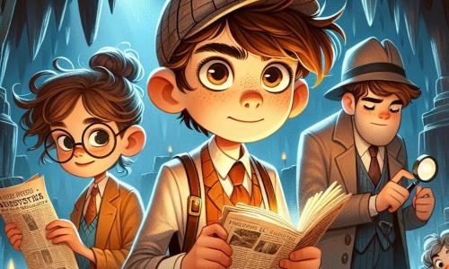 No centro da imagem, Clara, uma garota de 12 anos, está com um olhar determinado e curioso. Ela tem cabelos castanhos presos em um coque bagunçado, olhos brilhantes de travessura e usa um chapéu de detetive. Ela segura um pequeno caderno em uma mão e uma lupa na outra, pronta para resolver um mistério. Ao lado dela, Pedro, um garoto de 11 anos, com óculos redondos e cabelos desgrenhados, observa atentamente um velho jornal que segura nas mãos, inclinado levemente para frente, com uma expressão concentrada. Um pouco mais adiante, Sofia, uma garota de 12 anos, com cabelos longos e cacheados, faz anotações em seu caderno, com um sorriso entusiasmado no rosto, adicionando esboços de sua aventura. A cena ocorre dentro de uma caverna misteriosa, onde cristais cintilantes iluminam as paredes escuras. Formações rochosas cercam as crianças, e uma pequena porta de madeira, ligeiramente aberta, revela um antigo baú no interior. Clara, Pedro e Sofia descobrem o baú antigo na caverna, revelando objetos misteriosos e o diário de um antigo detetive, enquanto um eco suave ressoa ao redor deles, acrescentando um toque mágico à sua aventura.