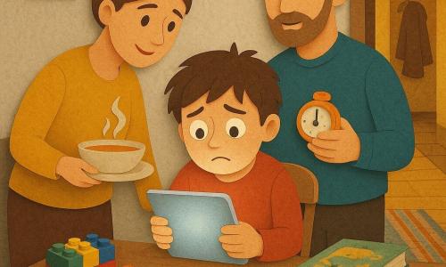 Un băiat de 10 ani, faţă rotundă, păr castaniu neîngrijit, ochi mari îngrijoraţi, ţine o tabletă luminoasă pe o scăună mică, cu expresia atrasă şi vinovată; mama, ~35 ani, păr în coc, zâmbitoare şi atentă, stă lângă masă cu o farfurie de supă fierbinte, aplecată spre el; tatăl, ~38 ani, barbă scurtă, privire calmă, ţine un mic cronometru portocaliu în palmă, stând în spatele băiatului ca pentru un compromis; pe masă o cutie cu piese Lego colorate, o mică stivă de cărţi ilustrate cu copertă vizibilă şi un cronometru mecanic vintage, toate aranjate ordonat; decorul e un colţ de living cald deschis spre holul de la intrare — parchet deschis, covor ţesut în nuanţe blânde, uşă deschisă cu un palton agăţat şi lumină galbenă; scena pune în prim‑plan alegerea băiatului între tableta sclipitoare şi celelalte obiecte, cu tăieturi de hârtie cu margini nette, culori vii, umbre plate şi texturi aplicate pentru a accentua tableta strălucitoare, supa aburindă şi Lego‑urile mate.