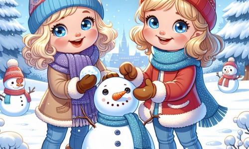 A 3-year-old girl with sparkling blue eyes and curly blonde hair stands in the snow, smiling with joy. She wears a red hat with a pom-pom, a blue scarf, and brown gloves, holding a snowball in her small hands. Next to her, her mother, a woman in her thirties with brown hair in a bun and a warm smile, helps her build a snowman, slightly bent over as she adds a carrot nose. The enchanting winter landscape features trees covered in sparkling snow, a clear blue sky, and gently falling snowflakes. The main scene shows the girl and her mother creating a cheerful snowman, surrounded by laughter and winter magic, capturing the spirit of winter and shared happiness.