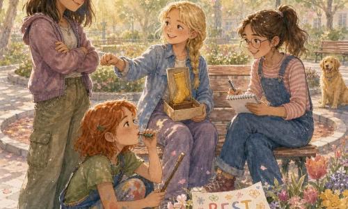 Four girls: Mina, 12, dark chestnut straight shoulder-length hair, mischievous look, arms crossed on the left of the bench, proud but softened smile; Tess, 12, brown ponytail, round glasses, notebook and pen on the right of the bench, taking serious notes while snickering; Ivy, 11½, short red hair, paint on her knees, crouched by the flowerbed in front of the bench, blowing a small whistle and holding a noise-making spoon; Nora, 11, youngest, blonde braided hair, seated center on the bench holding a small golden sock-shaped trophy in a box, embarrassed but beaming; scene: a pedestrian roundabout turned park with a paved circular path, colorful flowerbeds, wooden benches, a vintage lamppost, a golden retriever in the background, sunbeams through low branches and petals in the breeze; main action: a handmade trophy ceremony with the four sisters laughing around the bench, a poster in the flowerbed reading BEST SISTER AWRAD, joyful slightly awkward pastel atmosphere, friendly gestures and a light wind lifting the poster corner.