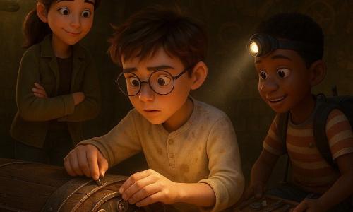 Three children: Milo, about 11, in a light oil-stained smock with tousled short brown hair and crooked round glasses, kneels before a dark wooden chest with his hands on a circular four-ring lock; Lila, about 12, with brown hair in a ponytail, a khaki jacket and muddy boots, stands slightly behind left with arms crossed holding an unlit torch and a worried smile; Jaden, about 11, dark-skinned in a striped T‑shirt with a backpack of tools, sits in a small wheelchair to the right offering a headlamp that lights the lock and a small tray of tools. Setting: underground pump station turned secret room with damp brick walls painted with murals (sails, waves, leaves, gears), greenish glass lanterns, stone floor, light mist and dust in warm contrasted light. Main scene: the children work together repairing a complex ancient chest lock — close-up on the circular lock with four symbol-adorned rings (star, wave, leaf, gear) and a small metal piece inserted, worn cracked wood, polished rusted metal, and dust motes visible in the beams of light, evoking adventure and cooperation.