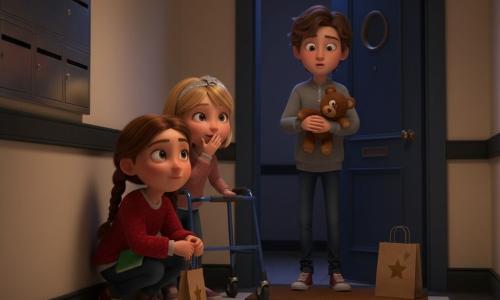 Three children in a nighttime apartment corridor: Maya, 6, braided brown hair, red sparkly sweater, green notebook in her pocket, crouched left behind the corner holding a small paper bag; Zara, 6, short hair with a silver star headband, blue jacket and a small blue rolling walker beside her, slightly behind Maya to the right with a hand to her mouth; Eli, about 10, messy brown hair, gray hoodie, holding a one‑eyed teddy and a gift bag with a gold star, standing in a partly open blue door at the end of the hallway. The shiny tiled floor, cream walls, metal mailboxes to the left and warm wall sconce light set an intimate mood as the girls, who have just left a surprise bag by the door, watch hidden while Eli opens the door and reacts with a shy, warming smile.