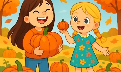 Há 2 personagens principais: - Clara: uma menina de 7 anos com longos cabelos castanhos, vestindo um suéter laranja e jeans, rindo enquanto segura uma grande abóbora laranja. - Luísa: uma menina de 7 anos com cabelos loiros trançados, vestindo um vestido florido e botas de borracha, sorrindo ao mostrar uma pequena abóbora que acabou de colher. As duas meninas estão em um campo de abóboras, cercadas por fileiras de abóboras brilhantes sob o sol de outono, com folhas coloridas caindo das árvores ao fundo. A cena mostra Clara e Luísa, alegres e entusiasmadas, colhendo abóboras em uma paisagem vibrante de cores quentes, com um céu azul claro e nuvens brancas fofas. Pássaros voam acima delas, acrescentando à atmosfera festiva do outono.