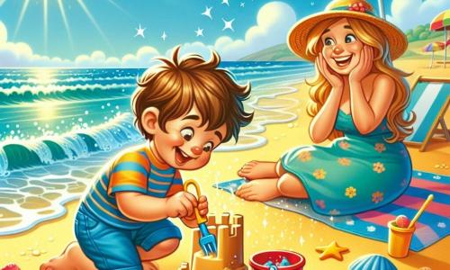Un bambino di 2 anni, con capelli castani disordinati e un grande sorriso gioioso, gioca su una spiaggia di sabbia dorata. Indossa un costume da bagno blu a righe e sandali gialli, scavando una buca nella sabbia con un secchiello rosso. Accanto a lui, la mamma, una donna di circa trent'anni con capelli lunghi e biondi, indossa un cappello di paglia e sorride guardando il figlio, seduta su un asciugamano da spiaggia colorato. Sullo sfondo, il mare scintilla sotto il sole, con onde dolci e conchiglie sparse sulla sabbia. Ombrelloni multicolori si ergono sulla spiaggia e bambini ridono e giocano in lontananza. La scena principale mostra il bambino, stupito, mentre costruisce un castello di sabbia, mentre la mamma lo incoraggia con gesti entusiasti, creando un'atmosfera gioiosa e estiva.