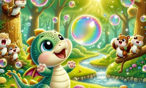 An illustration depicts a small dragon with shimmering scales like morning dew. It has slightly small wings for its round body and shows a determined and joyful expression. It enthusiastically blows to create a colorful bubble rising into the air. Nearby, a group of cheerful squirrels with brown fur and sparkling eyes watches in amazement. They are perched on a branch, clapping and laughing, their little paws raised in encouragement. The main setting is a sunny clearing in the Whispering Forest, surrounded by majestic trees with bright green leaves. Colorful flowers dot the ground, and a sparkling stream flows nearby, creating a joyful, festive atmosphere. The main scene shows the little dragon trying to blow the largest bubble possible, while colorful bubbles float around it, capturing sunlight and creating an enchanting display. Other graphic elements include bubbles of various sizes and colors, sparkling light bursts, and a festive atmosphere with flower garlands hanging from the trees, adding a touch of magic to the scene.