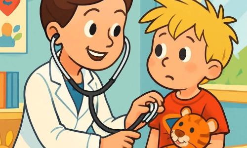 Uma médica mulher, na casa dos trinta anos, sorridente e calorosa, com cabelos castanhos presos em um coque, usa um jaleco branco e um estetoscópio ao redor do pescoço. Ela está agachada, ouvindo o coração de um menino de 6 anos chamado Léo, que segura um tigre de pelúcia nos braços, com uma expressão curiosa e um pouco nervosa. Léo tem cabelos loiros bagunçados e veste uma camiseta vermelha com um desenho de super-herói. O cenário é um consultório médico iluminado, com paredes pintadas de azul pastel, cartazes coloridos sobre saúde nas paredes e uma grande janela que deixa entrar a luz do sol. Em uma mesa, há brinquedos e livros infantis, criando uma atmosfera acolhedora e alegre. A situação principal mostra a médica explicando a Léo como ouvir seu coração com um estetoscópio, enquanto o tigre de pelúcia também é 
