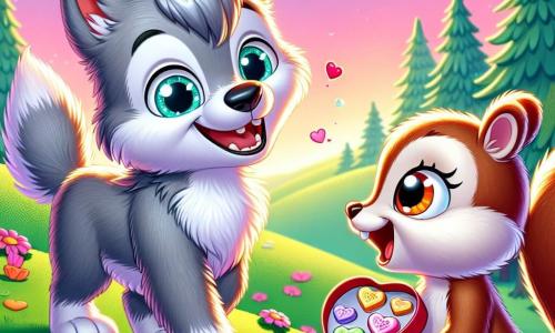 A young wolf with fluffy gray fur named Lenny stands joyfully at the top of a green hill, wearing a big bright smile. His eyes sparkle with excitement as he looks at his friend holding a heart-shaped candy box. Next to him, a small squirrel named Millie, with brown fur and bright eyes, shows a mix of surprise and happiness as she opens a heart-shaped candy, her tiny paws trembling with enthusiasm. The enchanting setting features a hill dotted with colorful flowers, and in the background, the sky is painted in shades of pink and gold, illuminating the landscape with a soft late afternoon light. The scene captures the magical moment when Lenny reveals his surprise plan for Valentine's Day, surrounded by a joyful and friendly atmosphere filled with promises of adventure and shared happiness.