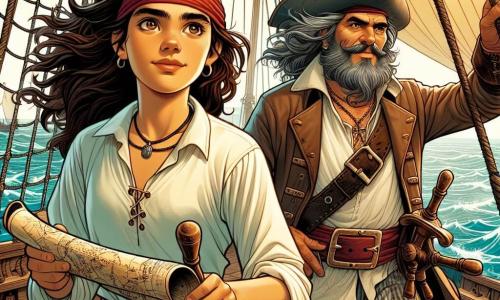 Anouk, een jonge vrouw van ongeveer 20 jaar, staat trots op de brug van het piratenschip, met haar bruine haar dat in de wind waait. Ze draagt een rode bandana en een witte blouse, met een vastberaden blik en sprankelende ogen van opwinding. Ze houdt een oude kaart in haar handen en speurt de horizon af naar het legendarische eiland.

Naast haar staat Kapitein Roderick, een man van vijftig met een grote grijze baard en een piratenhoed versierd met veren, die de zee met een serieuze blik observeert. Hij is gekleed in een lange leren jas en gestreepte broek, met een zwaard in zijn andere hand.

Achter hen past Finn, een jonge man van ongeveer 18 jaar met wild blond haar, behendig de zeilen van het schip aan. Hij draagt een linnen shirt en een leren vest, met een zelfverzekerde glimlach terwijl hij helpt het schip te manoeuvreren.

De locatie is een groot piratenschip, De Zilveren Zeemeeuw, dat over een glinsterende turquoise zee vaart, met golven die dansen onder de stralende zon. Op de achtergrond zijn groene eilanden en zeevogels te zien die in de blauwe lucht zweven.

De hoofdscene toont Anouk en haar bemanning op een avontuur, klaar om het mysterieuze Eiland der Schatten te ontdekken, met de kaart in de hand, vastbesloten om alle gevaren te trotseren die op hun pad komen.