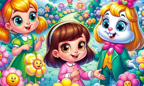 Três meninas de sete anos, Sofia, Luísa e Clara, estão no centro de um jardim encantado. Sofia, com cabelos castanhos e olhos brilhantes, usa um vestido rosa e sorri entusiasticamente. À sua direita, Luísa, com cabelos loiros e olhos azuis, veste uma túnica verde e observa curiosamente um coelho vestido. À esquerda, Clara, com cabelos castanhos e olhos avelã, usa um vestido azul e aponta para uma flor colorida que canta. O jardim está cheio de flores gigantes de cores vivas, com pétalas brilhantes e rostos sorridentes, enquanto um arco-íris brilha acima delas. O céu é de um azul radiante, salpicado de nuvens suaves e fofas. As meninas descobrem o coelho em traje, o Sr. Pelúcia, que pede ajuda para salvar as flores doentes do jardim. Cheias de energia e entusiasmo, estão prontas para o desafio, cercadas pela magia e beleza do jardim.