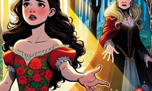 Biancaneve, una giovane con capelli neri come l'ebano e pelle bianca come la neve, si trova al centro della scena, con uno sguardo determinato e coraggioso. Indossa un abito rosso brillante, decorato con motivi floreali, e le sue guance sono leggermente rosate, testimoniando la sua forza interiore. Accanto a lei, la regina, una donna di circa quarant'anni, con capelli biondo dorato e un viso segnato dalla tristezza, guarda Biancaneve con occhi pieni di lacrime. Indossa un abito scuro e maestoso, che contrasta con la luce splendente di Biancaneve. La scena si svolge in una foresta incantata, dove alberi maestosi con tronchi spessi e foglie verdi vibranti creano un'atmosfera magica. Raggi di sole filtrano attraverso il fogliame, illuminando il terreno cosparso di fiori colorati e piccole creature curiose. Biancaneve tende la mano verso la regina, offrendole una possibilità di redenzione, mentre la regina, visibilmente toccata, esita ad accettare quest'offerta. L'atmosfera è carica di emozione, mescolando speranza e riconciliazione in questo momento cruciale della storia.