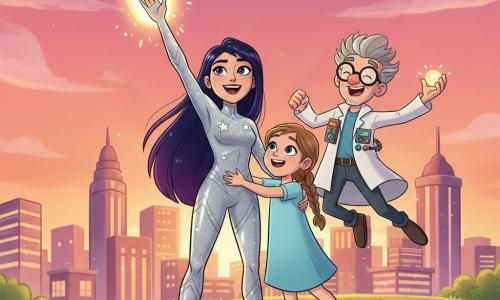 The protagonist is a radiant, determined female hero with a smiling face, bright eyes, long night-dark hair with violet highlights, and a fitted silver costume decorated with cosmic stars; she raises a hand that projects a broad beam of golden light into the sky. To her right, Lily, a girl of about 12 with light brown braided hair and a simple pastel-blue dress, clutches the hero’s hand, relieved and joyful. Behind them, Professor Mechano, about 55 with graying disheveled hair, thick round glasses, and a scientist’s jacket with glowing gadgets, jumps for joy holding a small shimmering sphere. They stand on a grassy hill overlooking the city of Star Haven at sunset—rounded-topped skyscrapers, orange and violet city lights, a pink-orange gradient sky with early stars. The scene conveys victory and friendship after a battle, warm light and sparkling highlights, a festive, comforting mood, centered on the three figures looking toward the city in a wide three-quarter framing.