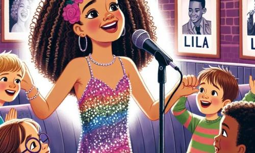 Lila, een vrouw van in de dertig, staat in het midden van het podium, stralend en vol energie. Ze draagt een glinsterende jurk in regenboogkleuren die schittert onder de lichten van de club. Haar krullende haar waait om haar glimlachende gezicht en haar ogen fonkelen van vreugde terwijl ze met passie in een microfoon zingt. Om haar heen zingt een groep van vier kinderen, twee meisjes en twee jongens van ongeveer 8 tot 10 jaar enthousiast mee. Het eerste meisje, met vlechten en een shirt met patronen, steekt haar armen in de lucht, terwijl de tweede jongen, met een achterstevoren pet, breed glimlacht en in de maat van de muziek klapt. Het derde meisje, met een bril en een kleurrijke trui, kijkt Lila bewonderend aan, en de laatste jongen, met een rommelige haardos, danst vrolijk naast hen. De locatie is 