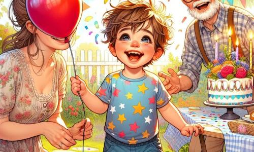 Un niño de 2 años, Juanito, con cabello castaño desordenado y grandes ojos brillantes, sonríe alegremente mientras sostiene un globo rojo en su mano. Lleva una camiseta colorida con estrellas y un pantalón corto azul, rodeado de una aura de felicidad. A su lado, su mamá, una mujer de treinta años con cabello castaño recogido en un moño, lo mira con amor, sonriendo. Ella viste un vestido ligero con estampados florales y está cerca de una mesa pequeña decorada con confeti. Un poco más lejos, su vecino, el señor Pérez, un hombre mayor con barba blanca y gafas redondas, le ofrece otro globo a Juanito, riendo de corazón. Él lleva una camisa de cuadros y pantalones beige, cerca de un árbol en el jardín. La escena tiene lugar en un jardín soleado, lleno de flores coloridas y árboles verdes. Una mesa está dispuesta con un bonito mantel, pasteles y velas, mientras los rayos del sol iluminan todo. La situación principal muestra a Juanito, radiante de alegría, listo para soplar la vela de su pastel de cumpleaños, rodeado de su mamá y su vecino, todos celebrando este momento mágico juntos.