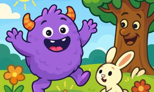 A joyful monster named Fizzlewhizz, with a round, fluffy purple body, sparkling eyes, and a wide smile, dances in a sunny meadow, arms raised, overflowing with happiness. Next to him, a small white bunny with big ears, looking curious and playful, watches Fizzlewhizz while hopping on its hind legs. In the background, an ancient tree with a smiling face stands majestically, its shiny green leaves, while colorful flowers sway in the breeze. The scene takes place in an enchanted meadow filled with bright colors and joyful creatures, where the sun shines and fluffy clouds float in a bright blue sky. Fizzlewhizz, excited, has just discovered the Glittering Gem, which sparkles at the center of the meadow, and he shares his joy with his friends, creating an atmosphere of happiness and laughter.