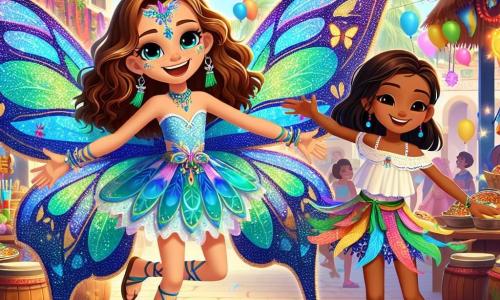 O fată de 12 ani, Mira, cu părul lung și buclat de culoare castană și ochii strălucitori ca safirele, dansează vesel la carnaval, îmbrăcată într-un costum de flutură magică cu aripi strălucitoare albastre și verzi. Fața ei radiază de bucurie și emoție, în timp ce se învârte cu brațele deschise, lăsându-și aripile să strălucească sub soare. Lângă ea, o altă fată, Luna, în vârstă de 11 ani, cu părul neted și negru, poartă un costum de flutură improvizat din țesături colorate. Zâmbește larg, cu mâinile ridicate, pregătită să danseze cu Mira, stând puțin în spate, admirând costumul prietenei sale. Decorul este o stradă animată a insulei, împodobită cu ghirlande de culori vii, baloane plutitoare și standuri de mâncare cu fructe exotice. Tamburii răsună în aer, iar confetti cad ca stelele în jurul lor, creând o atmosferă festivă și magică. Situația principală arată cum Mira și Luna dansează împreună în inima carnavalului, înconjurate de râsete și muzică, celebrând prietenia și magia acestui moment de neuitat.