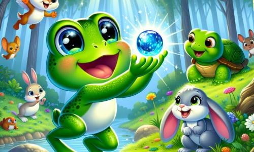 A little frog named Freddy, with shiny green skin and round sparkling eyes, joyfully hops near a river, holding a beautiful blue pebble that glimmers in his tiny paws. He has a big smile, full of wonder and excitement. Nearby, a group of his animal friends watches, including a white-eared rabbit sitting on the grass, a wise turtle with a green shell and gentle eyes, and a colorful bird flying above them, singing happily. The setting is a lush forest with tall trees boasting bright green leaves, colorful flowers growing along the sparkling river, and sunlight filtering through the branches. The main scene shows Freddy discovering the magical pebble, illuminated by its glow, while his friends watch him with curiosity and amazement.