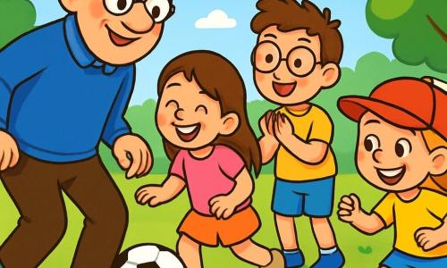 Ein älterer Mann namens Herr Benno Blume, lächelnd und fröhlich, trägt bunte Fußballschuhe mit leuchtenden Streifen. Er zeigt den Kindern, wie man auf einem grünen Spielplatz mit einem Ball dribbelt. Mila, ein 8-jähriges Mädchen mit langen braunen Haaren und einem rosa T-Shirt, lacht, während sie versucht, den Ball zu kontrollieren. Neben ihr applaudiert Jonas, ein 9-jähriger Junge mit Brille und blauen Shorts, und ermutigt Leni, ein 6-jähriges Mädchen mit einer roten Mütze, die mit einem großen Lächeln auf das Tor schießt. Der Spielplatz ist sonnig, umgeben von grünen Bäumen und bunten Blumen, mit einem strahlend blauen Himmel. Im Hintergrund sieht man ein Metalltor. Die Hauptsituation zeigt Herr Blume, der den Kindern Fußballtechniken beibringt, während alle zusammen lachen und Spaß haben, was eine fröhliche und freundliche Atmosphäre schafft.